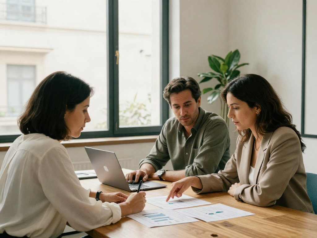 Consultants exchanging ideas over business reports in a light-filled meeting room