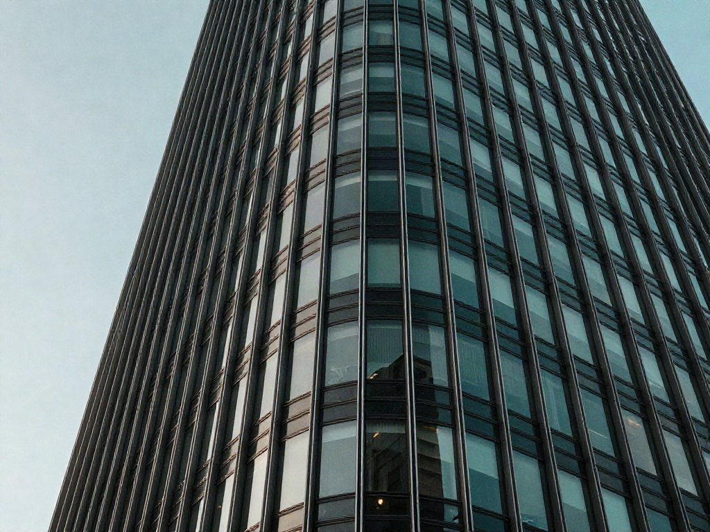 A modern curved glass office building rising toward an open sky